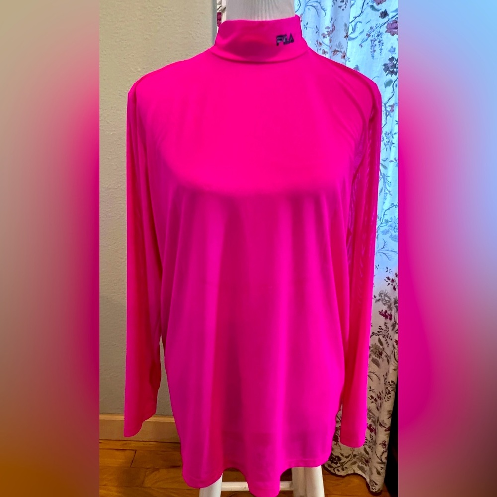 FILA Long Sleeve Sheer Turtleneck Top Hot Pink Magenta Size M
